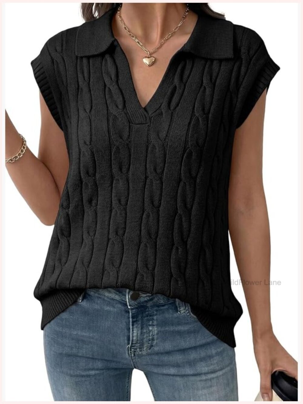 V-Neck Cable Knit Sleeveless Sweater Vest Top for Layering